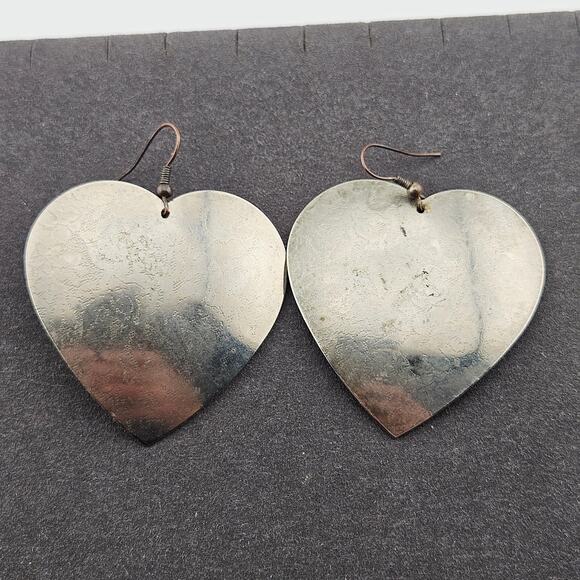 Silver Tone Metallic Heart Statement Earrings Large Dangle Drop Eclectic Bold - Picture 1 of 4